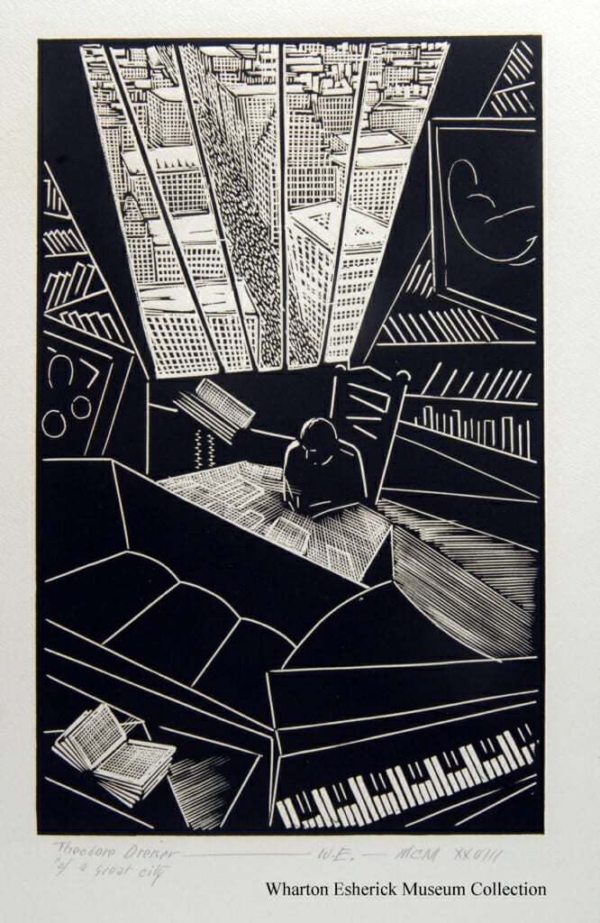 woodcut of aerial view of man in an apartment