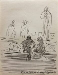 Loose pencil sketch of five figures talking, two shaded with backs to the viewer, the other three on a theatre stage.