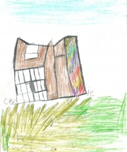 colored pencil sketch of brown Studio building with rainbow colored silo on green grass. 