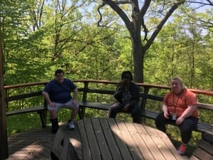 Three artists sit on a deck overlooking the woods