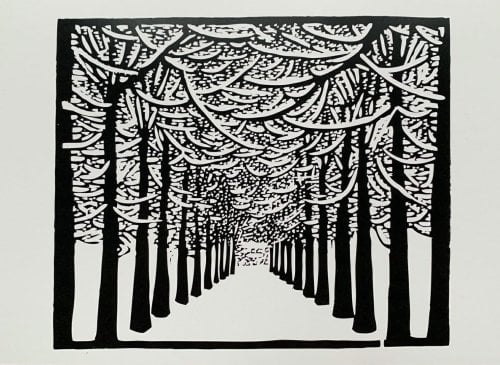 black and white woodcut print of tree-lined drivewayas if you are standing in the driveway looking straight down it.