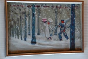 painting of woman carrying cake and man with carpentry tools on a tree-lined driveway.
