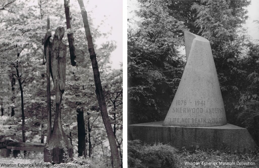 two black and white photos: one of a tall wood sculpture of a man leaning on a staff, and the second of a carved stone marker shaped like a cone with a slight twist.