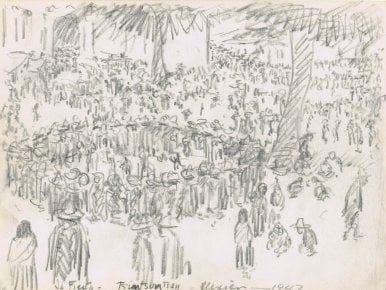 pencil sketch of large gathering with some distant trees