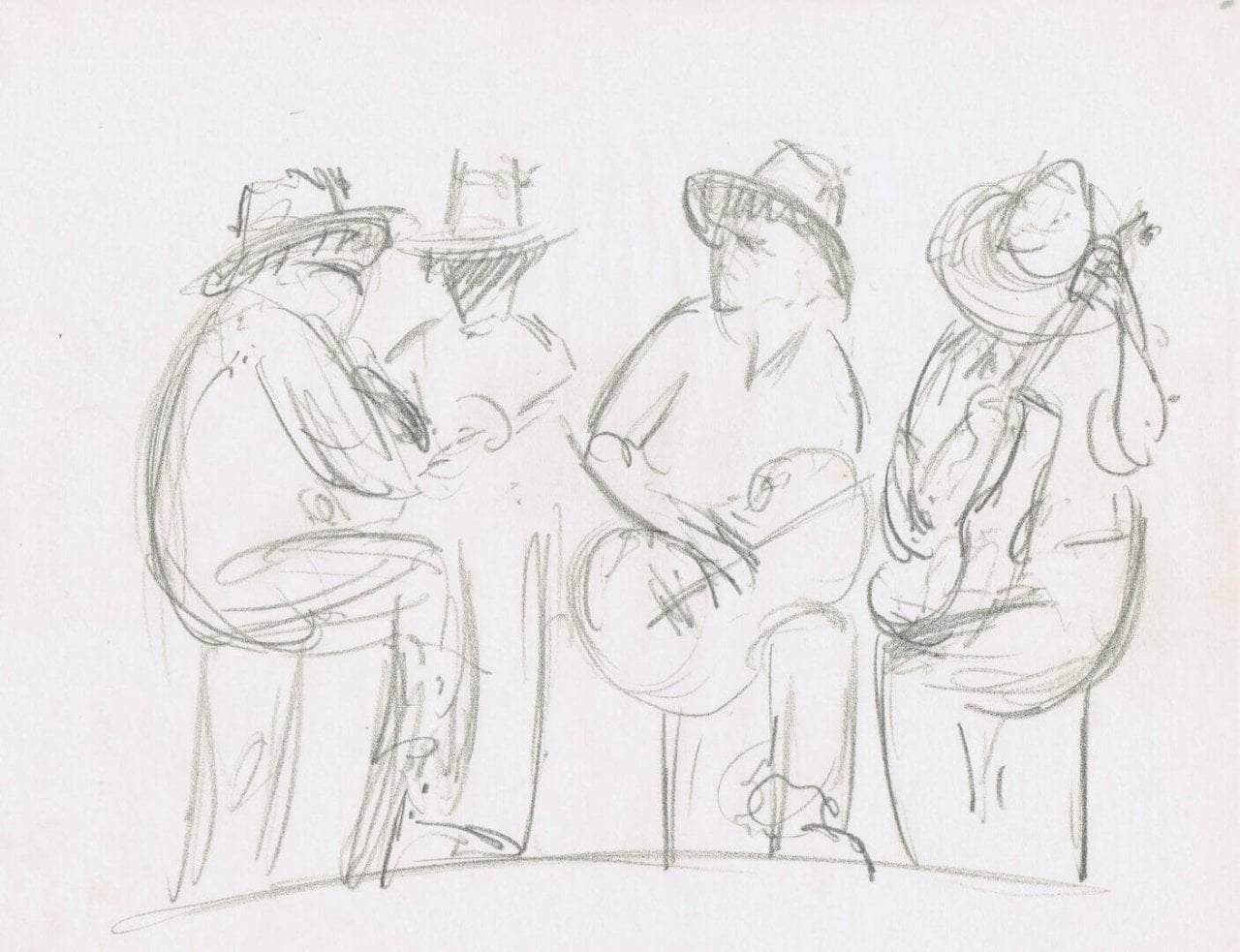 pencil sketch of four musicians with guitars
