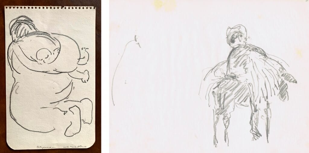 left pencil sketch of woman kneeling with baby on her back, right pencil sketch of man on mule or donkey with bushel.