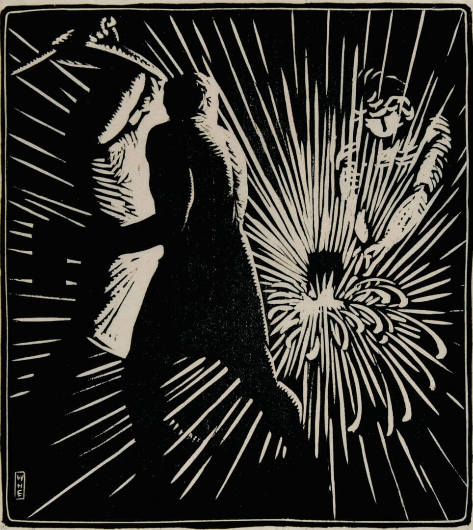 black and white woodcut print of three men striking metal at an anvil