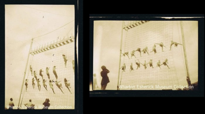 net of rope ladders with women climbing around 40 feet in the air.