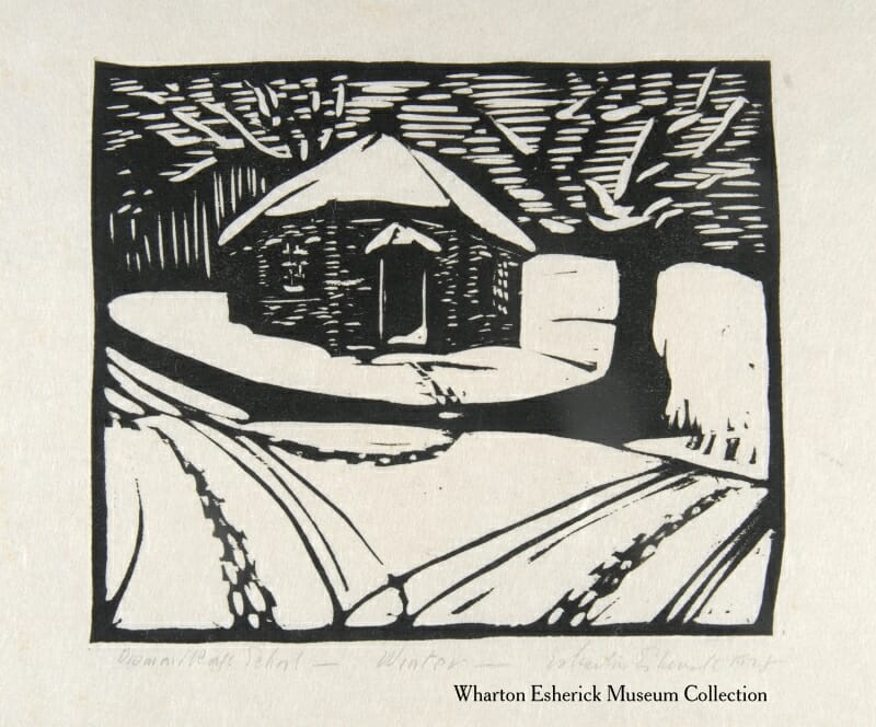 woodcut showing octagonal schoolhouse in the snow
