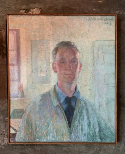 self-portrait oil painting showing Esherick in white painters smock with collar and tie underneath