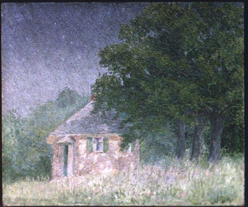 painting showing an evening scene of schoolhouse with large tree to the right