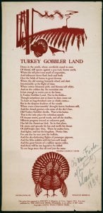 broadside with poem text and two woodcut images of turkeys