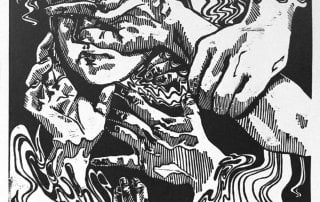 black and white woodcut of woman blocking her face with her hands while other hands reach into the image