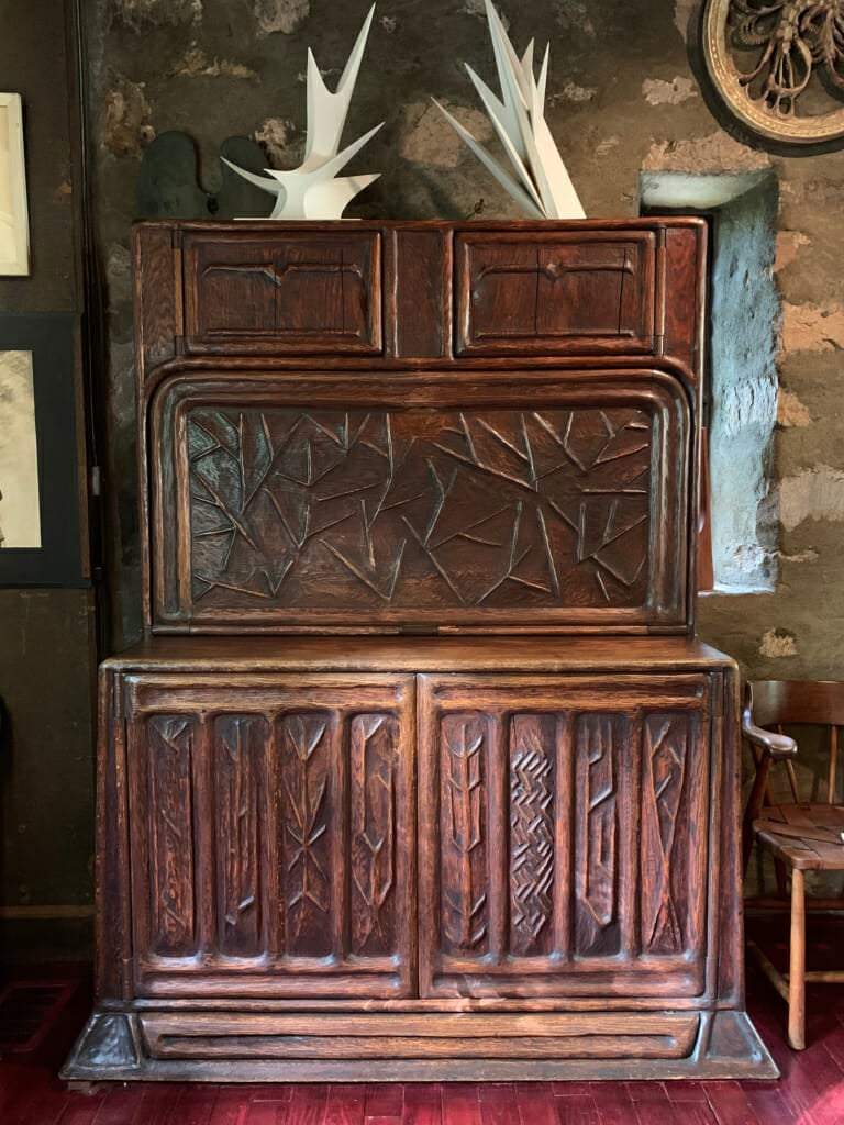 drop leaf desk – web large drop leaf desk with carved surface with designs of trees and bare branches