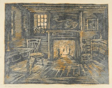 wood print depicting front on view of fireplace in farmhouse with wood boards for the floor and table chair and window