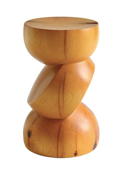 Turned wooden stool appearing like three sperical forms stacked on each other, though actually turned from one solid piece of wood