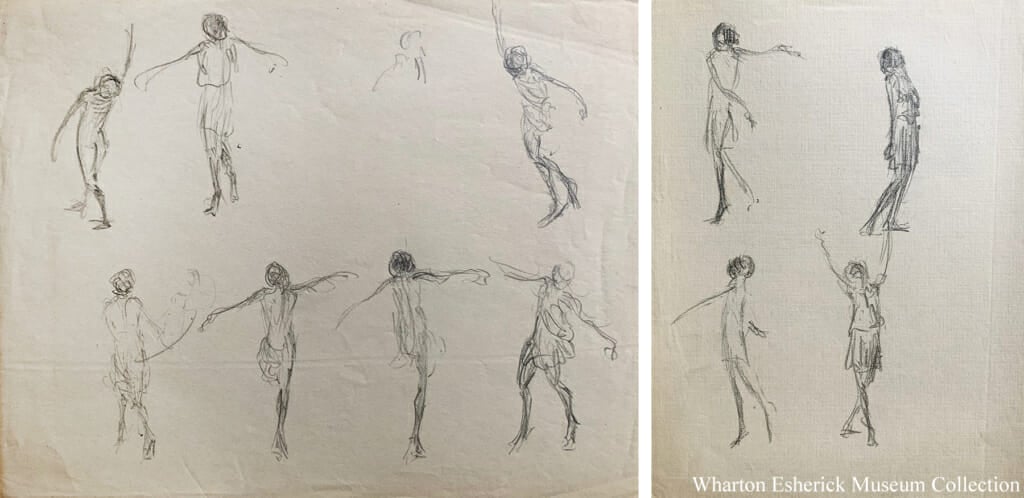 two photos of pencil sketches on paper of dancing figures