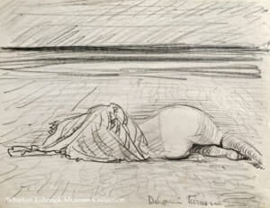 pencil drawing of figure laying on their side with their back to us and a blanket covering their head, shoulders and back. horizon in the distance.