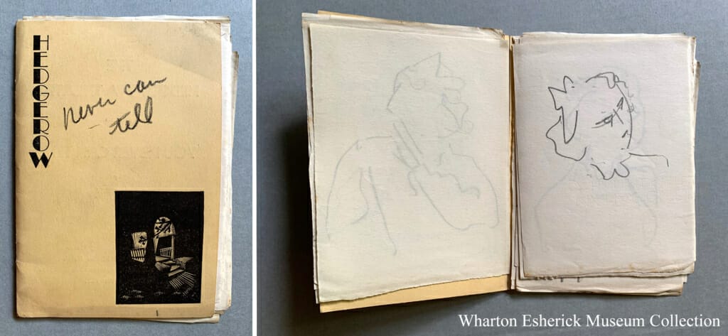 small playbill shows Hedgerow Theater name and logo on front with woodcut by Wharton Esherick of their front porch and written in pencil "Never can Tell". Image on right shows playbill open and many sheets of paper with quick portraits sketched on them.