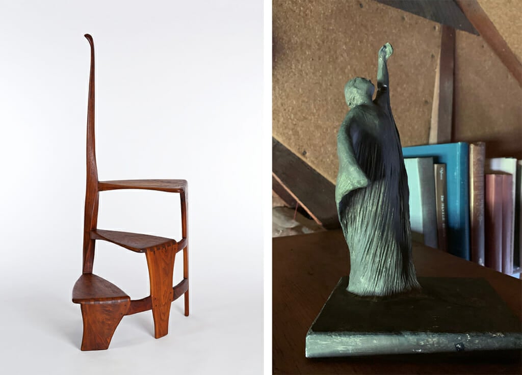Left image shows white background with wooden three step library ladder. central post spirals as it ascends and three steps spiral as well, reaching about half way up the post. Image on the right shows a small plaster cast sculptures painted grayish green. the sculpture is of a figure in a flowing Grecian gown with left arm raised up toward sthe sky and right arm swirling in towards the body.