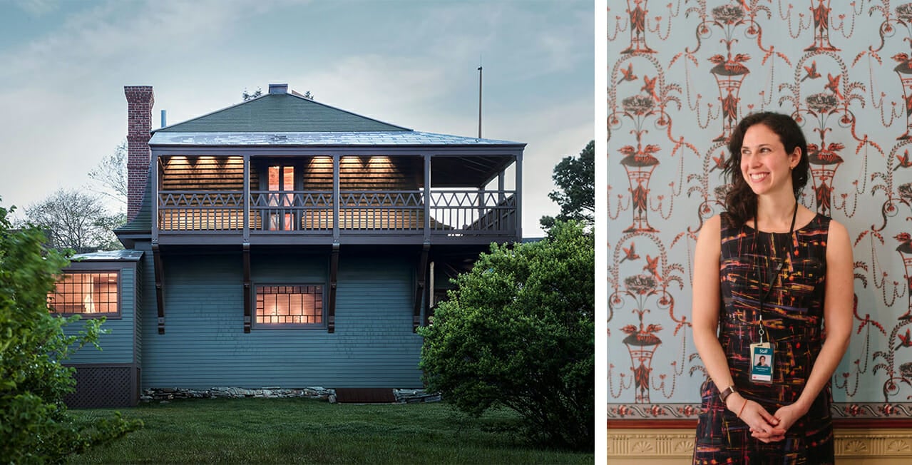 two images side by side. Left image shows two story house at dusk. Lights are glowing from inside and these is a wrap around porch on the second floor. Right image is a woman with long brown hair and fair skin with her head turned to the right wearing a sleeveless patterned dress and standing in front of an ornately patterned wallpapered wall