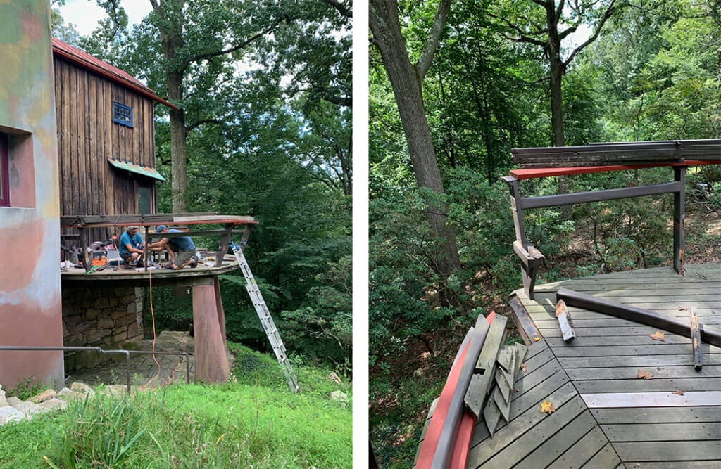 Left image shows curving free-form deck on the Studio with grassy area in foreground. There is a ladder leaning up to the deck and lots of tools on the deck. The right image shows a detail of the curving red deck railing and bench after they have been partially removed.