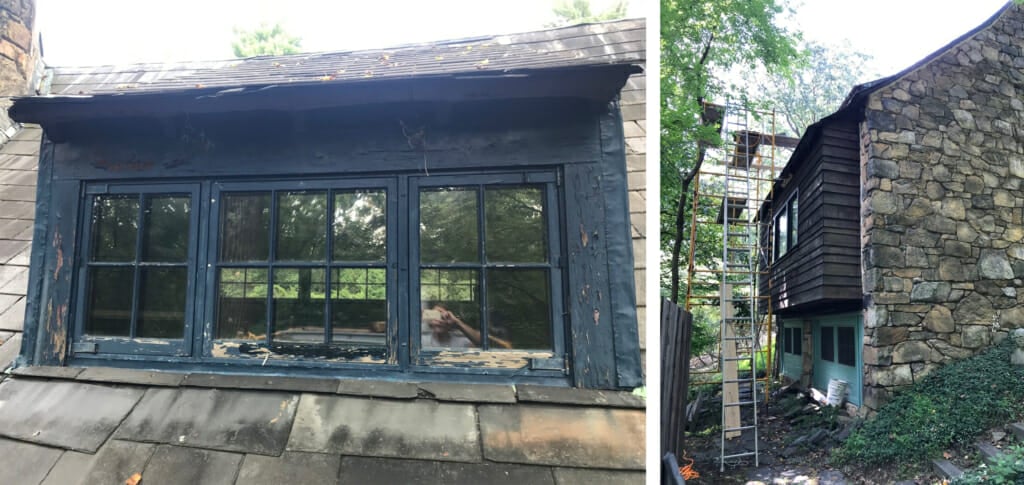 left image of blue dormer window with rotting sill, right image shows stone wall of studio building with tall scaffolding up to the roof and dormer window 