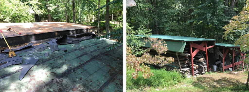The left image shows a worn-our and pine-needle-covered asphalt roof. The right image shows the new green roof on the woodshed which is painted red and surrounded by the woods.