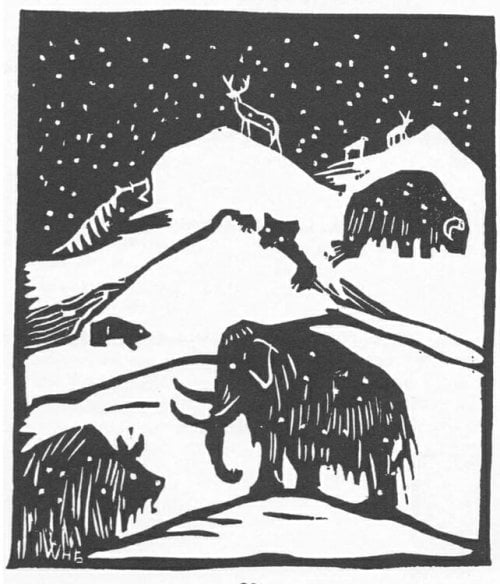 playful black and white woodcut illustration of wooly mammoth and other prehistoric animals on snowy hills