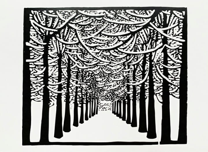 blick and white woodcut print of snowy tree-lined driveway