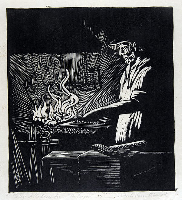 black and white woodcut depicts man at right illuminated by flames in a forge