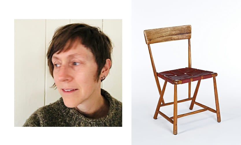 Woman with short hair wearing green sweater and head turned to the left in the left image. right image shows a wooden chair with woven red canvas seat