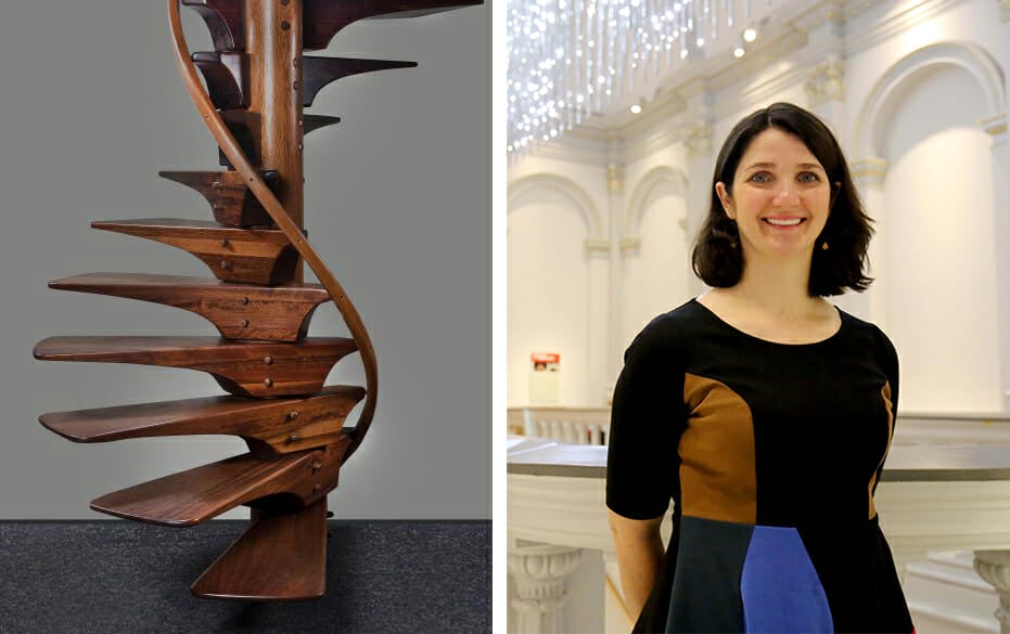 two photos - the one on the left shows a wood spiral staircase with a grey background, in the right photo stands a woman with shoulder-length brown hair. She's wearing a modernly patterned black dress with blue and brown shapes. She stands in a white, ornate room and we can see some of a chandelier above her head.