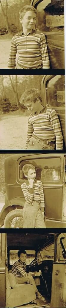 four photos of an adolescent boy near an old car.