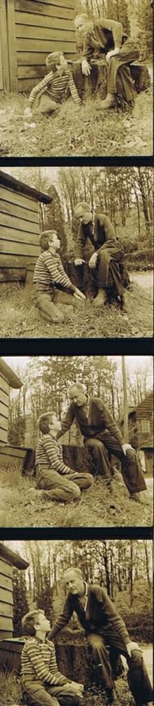 four photos of an adolescent boy and and his father talking near an old car.