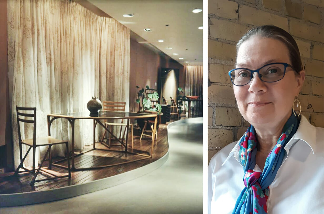 two photos: on the left is a archival photo of a furniture exhibit, on the right is a woman with a white shirt and a colorful scarf. Her hair is in a pony tail, she is wearing glasses and smiling at the viewer.