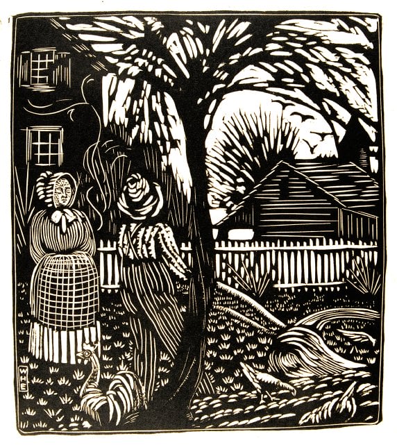 woodcut print of a man and woman standing on a farm with chickens around them and a house and fence in the distance