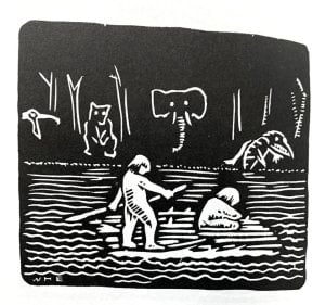 black and white woodcut print shows two people on a raft with the outline of different animals on the shore