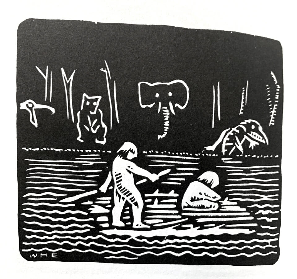 black and white woodcut print shows two people on a raft with the outline of different animals on the shore