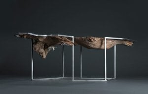 twisting wood form with rectilinear metal table frame