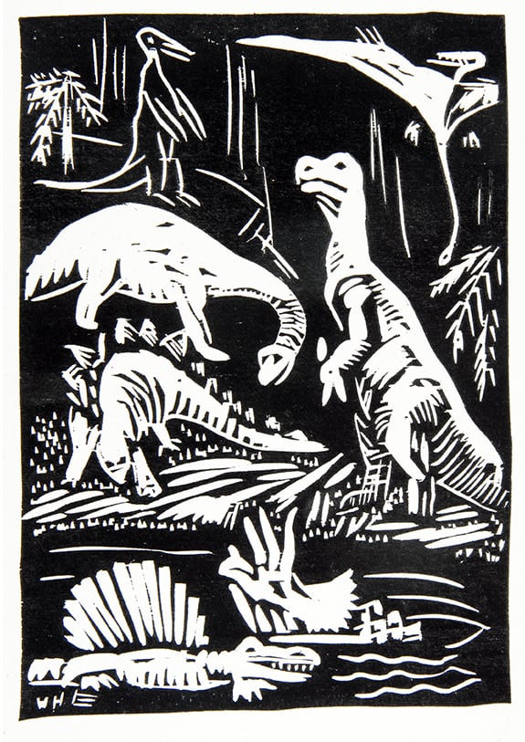 Woodcut print of dinosaurs