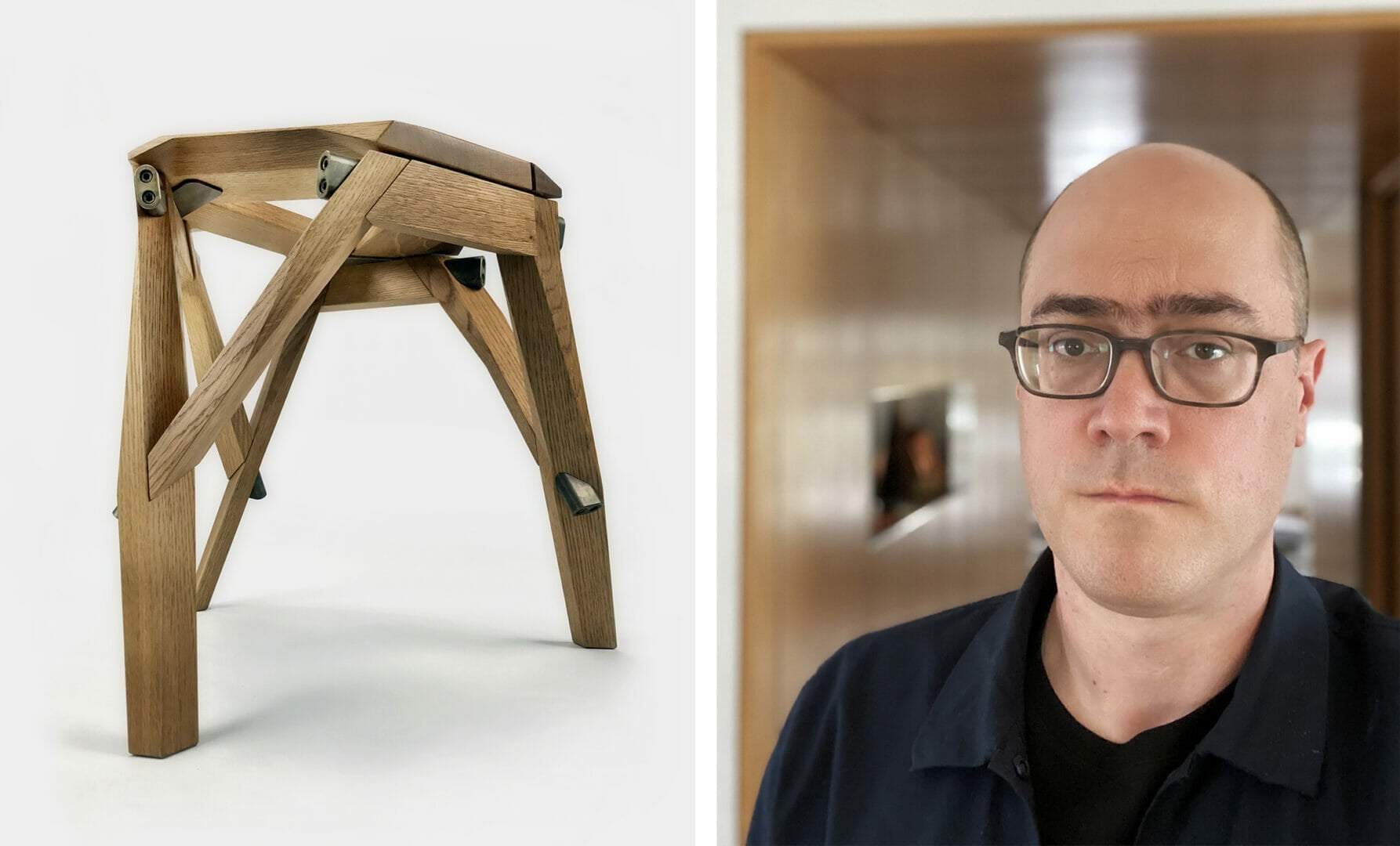 on left is a three-legged wood stool with metal hardware; on the right is a man in a black shirt with a shaved head and glasses