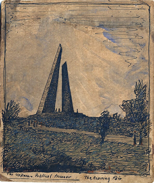 drawing of a landscape with two tilted ascending monuments rising up into the sky