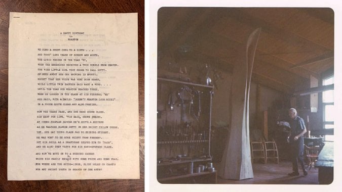 left is a typed letter; right image is Wharton in a faintly lit woodshop.