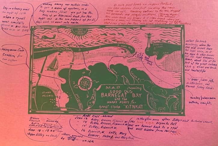 woodcut map of barnegat bay, green ink in red paper with notes, arrows and sketches drawn around the border