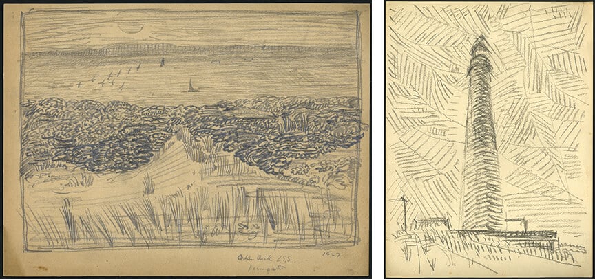 two drawings: one landscape sketch of a grassy beach dune looking out towards the water, the other of a lighthouse with hatching marks throughout the sky.