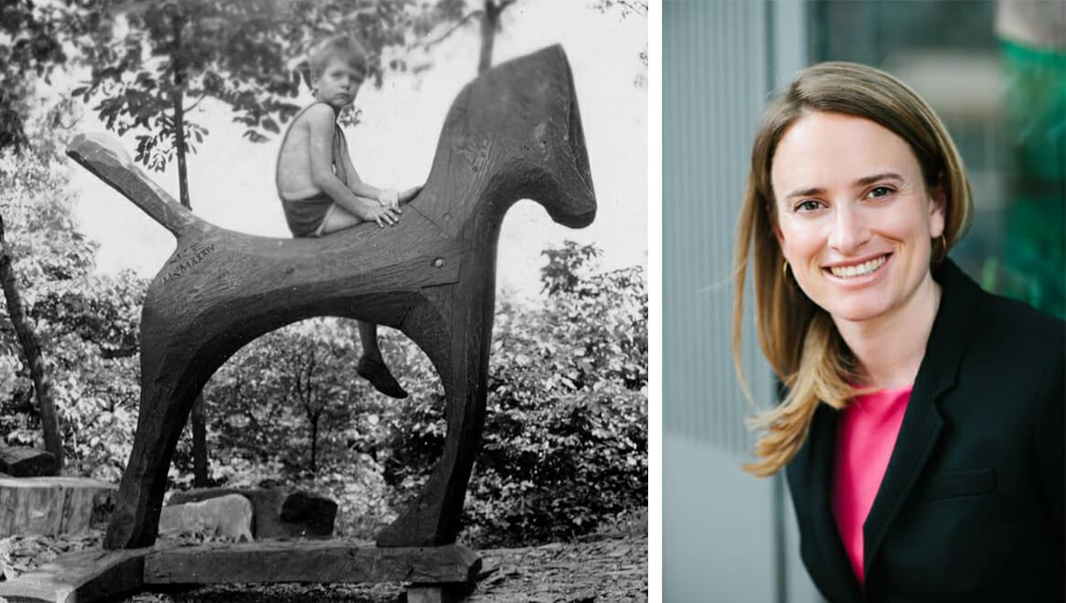 left image: black and white photo of boy on wooden horse sculpture. Right image: Smiling woman with fair shoulder-length hair wearing a pink blouse and black blazer.