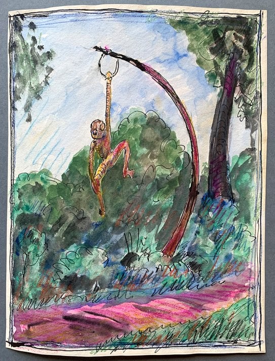Colorful drawing of a monkey sculpture hanging by one arm from a sculptural curving post. The sculpture is placed by a path with greenery all around it.