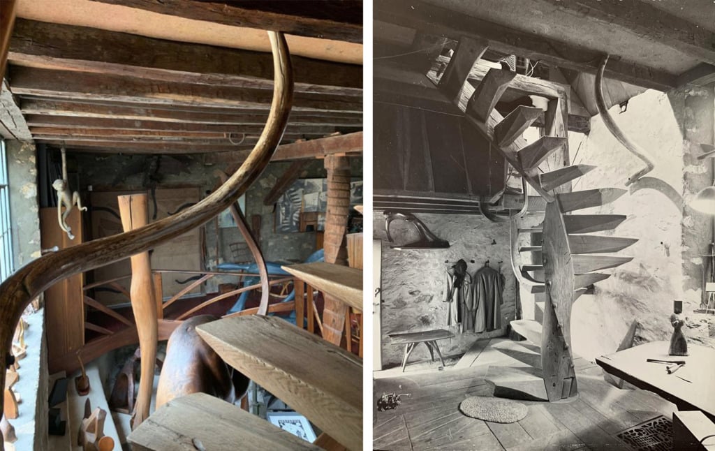 left photo: edge of stairs with tusk handrail, window and sculptures in the background; right photo: spiral wood staircase with tusk handrail in upper right