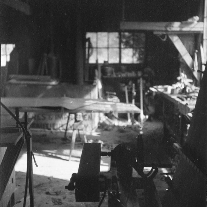 Black and white photo of inside John Schmidt's studio